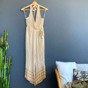 FAITHFULL THE BRAND White Cream Yellow Striped Wide Leg Halter‎ Jumpsuit Size 4